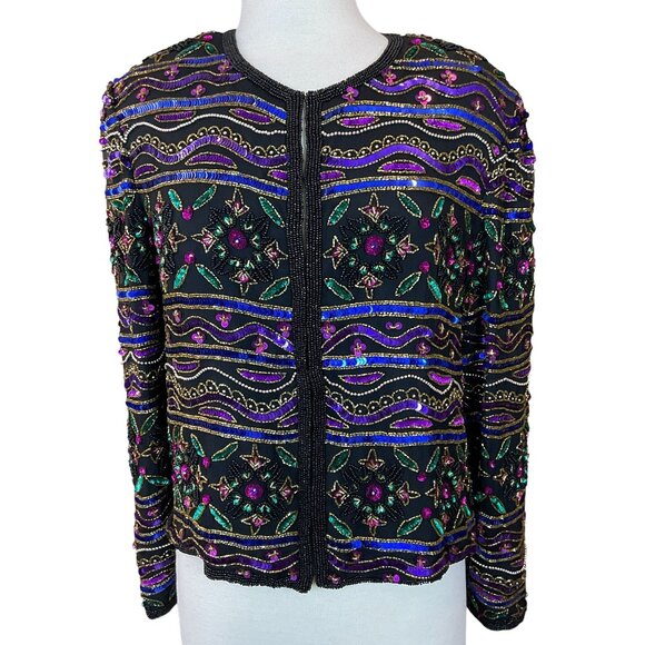 Papell Boutique Evening Multicolored Embellished Beaded Sequined Silk Jacket 14P - Picture 1 of 10